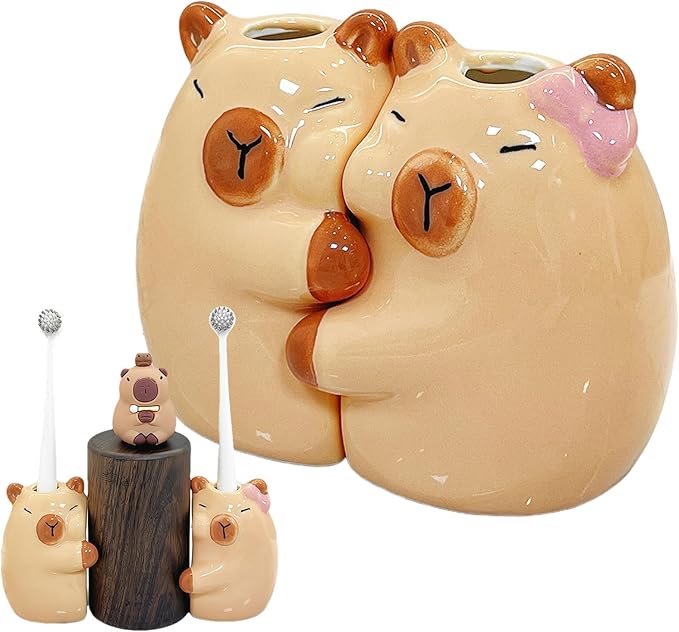 Toothbrush Holder - Creative Ceramic Hugging Capybara Brush Stand, Anti-Slip Cute Toothbrush Rack | Cartoon Capybara Pencil Container, Space-Saving Animal Holder for Vanity, Restroom, Desk