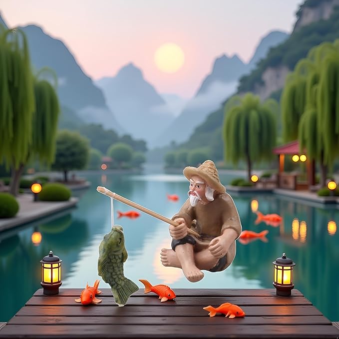 Miniature Fisherman Figurines,Fishing Old Man Ornament Chinese Mudman Sitting Garden Statue Ornament, Outdoor Statues, Garden Sculptures and Statues, Outdoor Décor