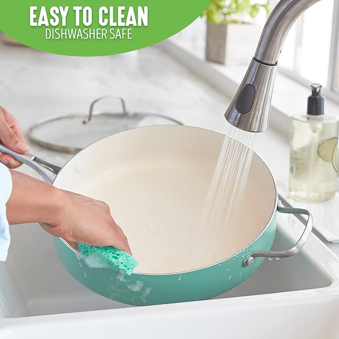 GreenLife Artisan Healthy Ceramic Nonstick, 5QT Saute Pan Jumbo Cooker with Helper Handle and Lid, Stainless Steel Handle, PFAS-Free, Dishwasher Safe, Oven Safe, Turquoise
