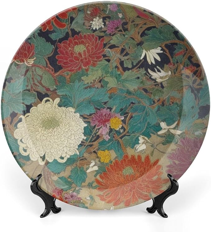 Oriental Floral Chinoiserie Plates Ceramic, Chinoiserie Peony Floral Customize Ceramic Hanging Decorative Plate for Farmhouse Club Decor, Unique Art with Stand Art Decorations for Kitchen Wedding