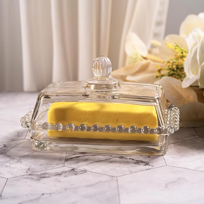 Glass Butter Dish with Lid for Countertop, Clear Crystal Glass Covered Butter Stick Holder Tray, Butter Storage Container for Fridge