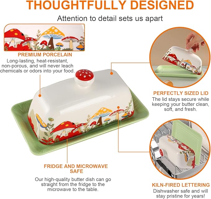 Mushroom Butter Dish With Lid for Countertop,Ceramic Butter Container Mushroom Decor,Butter Tray Large Butter Dish Covered for Cute Kitchen Accessories,Accesorios Para Cocina