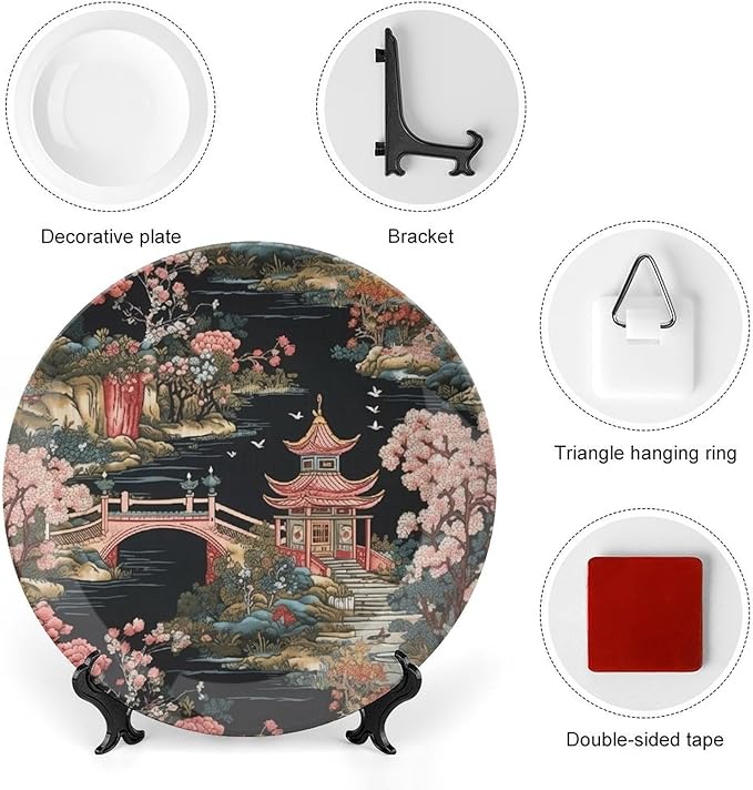 Chinoiserie Charcoal Coral Pagoda Asian China Plates for Display Oriental Chinoiserie Household Kitchen Supplies Table Wall Holiday Party Decorations Customize Gifts for Men Women Thanksgiving