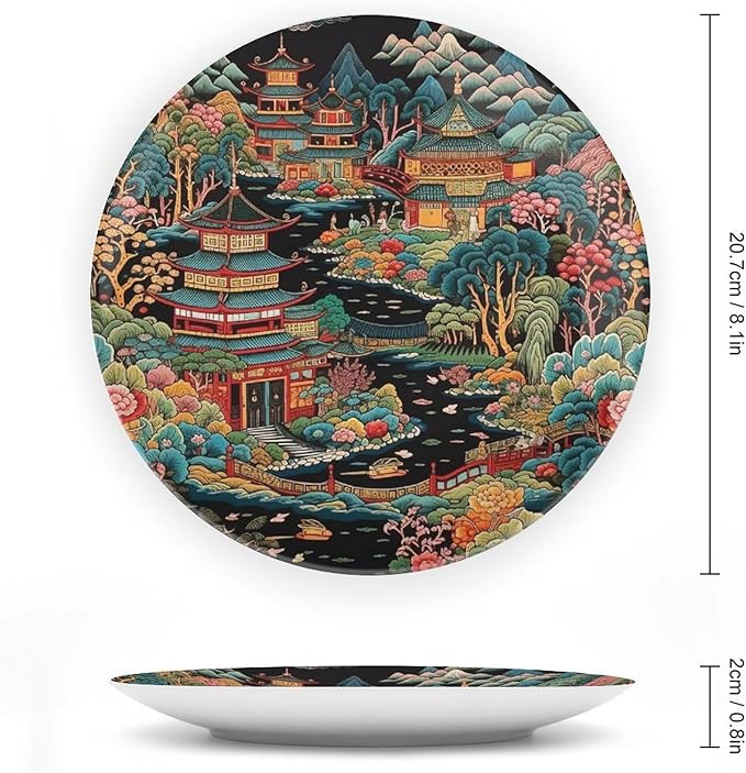 Chinoiserie Charcoal Coral Pagoda Asian China Plates, Asian Scenic Chic Chinoiserie Pagoda Custom Bone China Decorative Plate for Wedding Festival Home Decor, with Display Stand Art Decor for Table