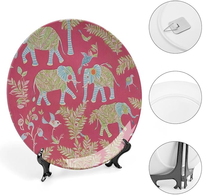 Animal Pink Chinoiserie Decorative Plate of 6", 7", 9", 10", Custom Wild Elephant Handmade Decorative Plate, Table Wedding Decorations Farmhouse, with Display Stand And Hook Up