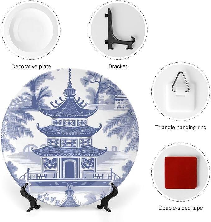 Chinoiserie Blue Asian Pagoda China Plates for Display Home Art Decoration Supplies Wedding Table Holiday Party Decorations Customize Gifts for Men Women Halloween, 6", 7", 9", 10"