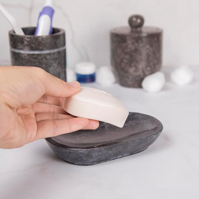 Luxury Hand-Carved Natural Charcoal Marble Soap Dish Heavy-Duty, Plastic-Free, Artisan Crafted for Bathroom Kitchen Countertop Organization, 3.8 x 5.8 x 0.9 H Inch