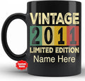 PREZZY Vintage 2011 Limited Edition 12nd Birthday Decorations Personalized Gifts for Women Men Mothers Day Fathers Day Gift 12 Year Old Birthday Mug Customized Name Ceramic Black Tea Cup 11oz 15oz