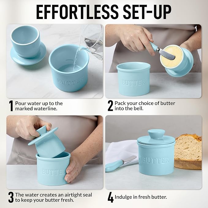 Zulay Kitchen Bell Shaped Butter Crock with Lid for Countertop with Water Line & Spreader Knife, Ceramic French Butter Dish Keeper For Fresh, Soft & Spreadable Butter - Light Blue
