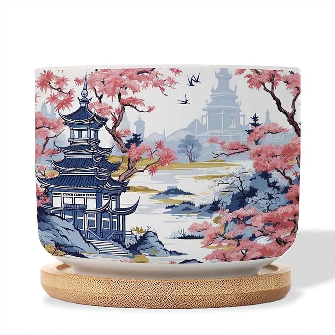 1 Piece Blue Asia Tiered Tower Coral Pink Flower Small Succulents Pots Chinoiserie Asian Flower Pot Planter with Drainage Holes Chinoiserie Garden Scenery Ceramics Planter