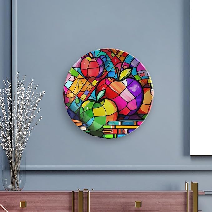 Decorative Plates for Wall Hanging, Colorful Books & Apples Stained Glass Painting Ceramic Plate w/ Display Stand, Home Decor for Kitchen Cabinets, Round Tray 7 Inch, Gift for Teacher Or Student