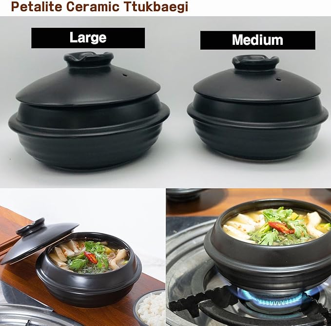 [Petalite Mineral, Retro Design] Korean Earthenware Pot Ttukbaegi, Ceramic Clay Cooking Pot Casserole, Heat Resistant Ceramic Pot, Zero-Crack Stone Bowl Stockpot Soup Cookware (Large)