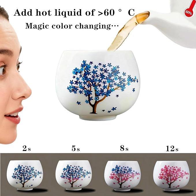 Heat Changing Sensitive Cherry Blossoms Tea Cup, Japanese Style Color Changing Ceramic Coffee Mug, Unique Magic Coffee Tea Cup for Gift Valentines (5 oz)