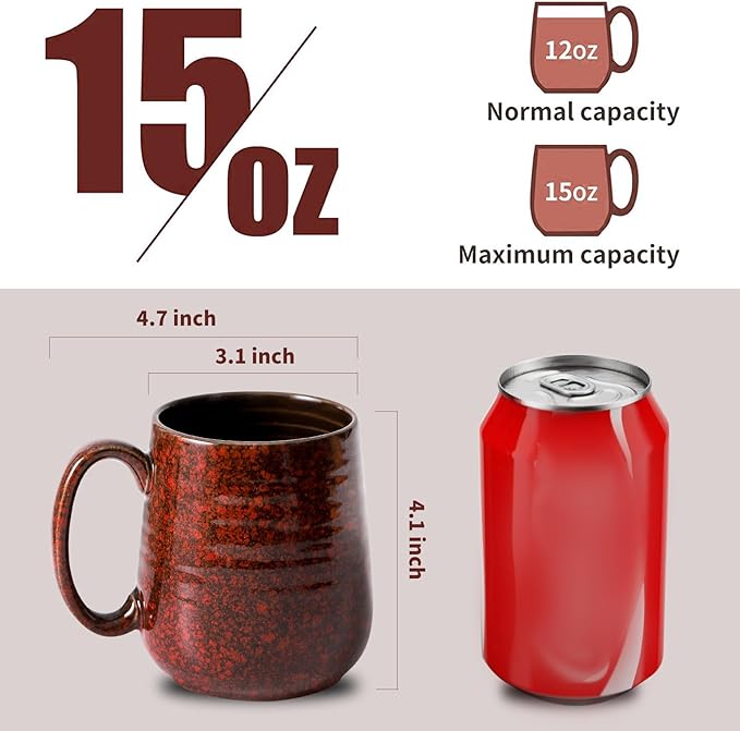 HASENSE Coffee Mugs Set of 6, 15 Ounce Ceramic Coffee Cups Set with Handle, Large Tea Mug for Kitchen, Red Cup for Tea,Cocoa, Milk, Christmas Gift for Women and Men, Dishwasher and Microwave Safe