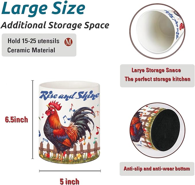 Rooster Kitchen Decor, 6.5inch Ceramic Utensil Holder with Rooster Design, Rustic-Style Indoor Kitchen Utensil Storage Rack, Ideal for Spoon Storage and Cooking Tools,Gift for Kitchen Organizers