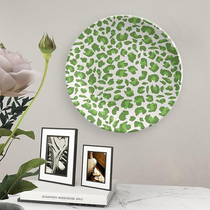 Fashion Plates Leopard Animal Print Green And Gray Custom Decor for Kitchen Wedding Festival Club Ceramic Hanging Decorative Plate with Display Stand And Hook Up, Multi Sizes, Gifts for Men Women