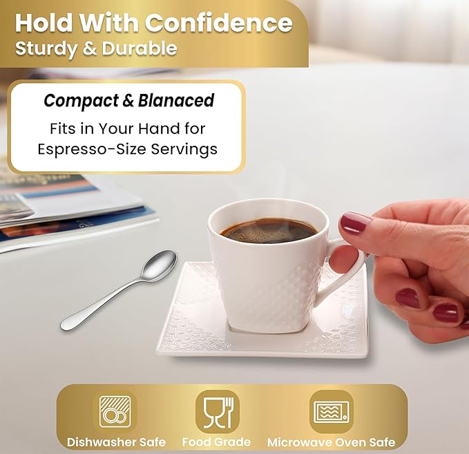 Espresso Cups With Saucer - 3 oz (90 ml) Turkish Coffee Cup, Small Modern Embossed Porcelain for Expresso, Cuban & Arabic Coffee, Elegant White (Set of 6)
