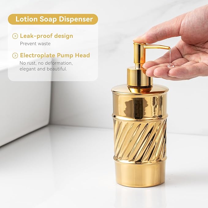 3-Piece Ceramic Bathroom Accessories Set - Soap Dispenser, Toothbrush Holder & Soap Dish with Modern Wave Embossed Design for Bathroom Accessory Set (Gold)