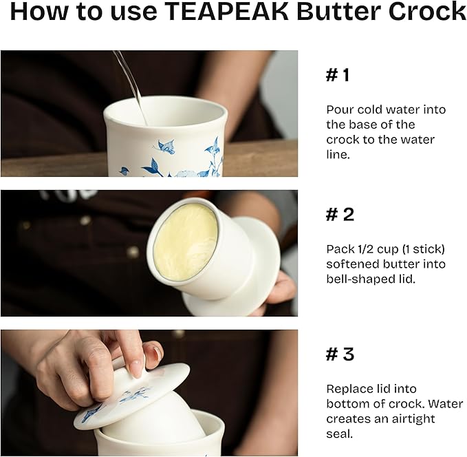 Stoneware Butter Crock with Lid, Ceramic Butter Dish with Water Line, Countertop Butter Keeper, Butter Holder for Countertop, Flower