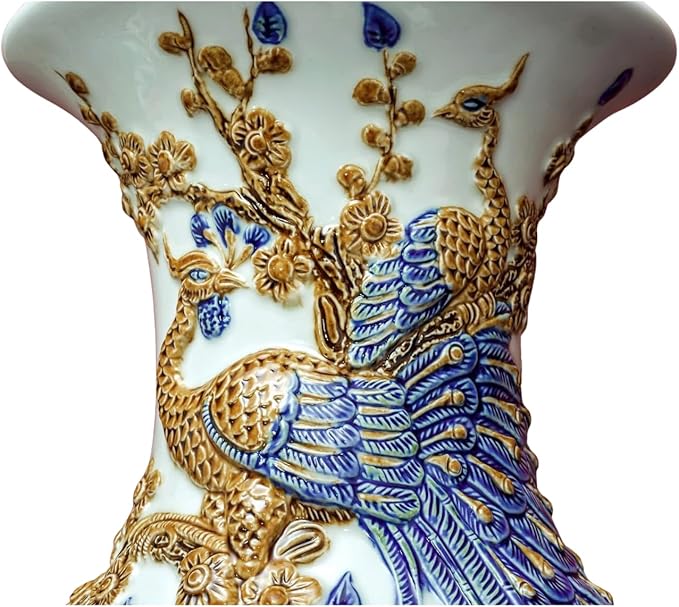 HERITAGE T&T Peach Flower Altar Vase Pair – Bat Trang Handmade Ceramic – Buddhist Altar Flower Vase Set – Traditional Asian Home Decor – 1 Pair (2 Vases) - Blue & Yellow Glaze - 30 cm (11.8 in)