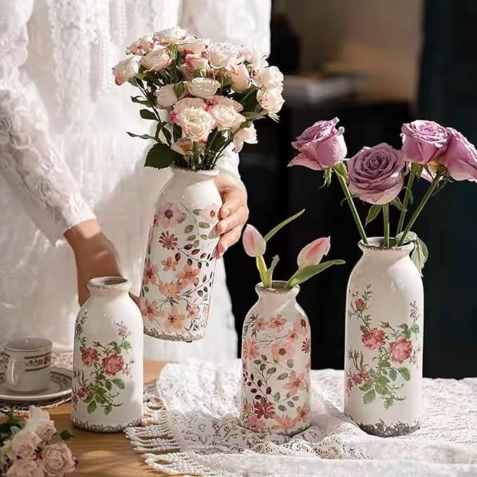 Small Rustic Ceramic Flower Vase - Farmhouse Vase for Flowers,Vintage Vases for Home Decor,Farmhouse Decorative Vases for Living Room,Kitchen,Bedroom,Bathroom and Entryway Mantel