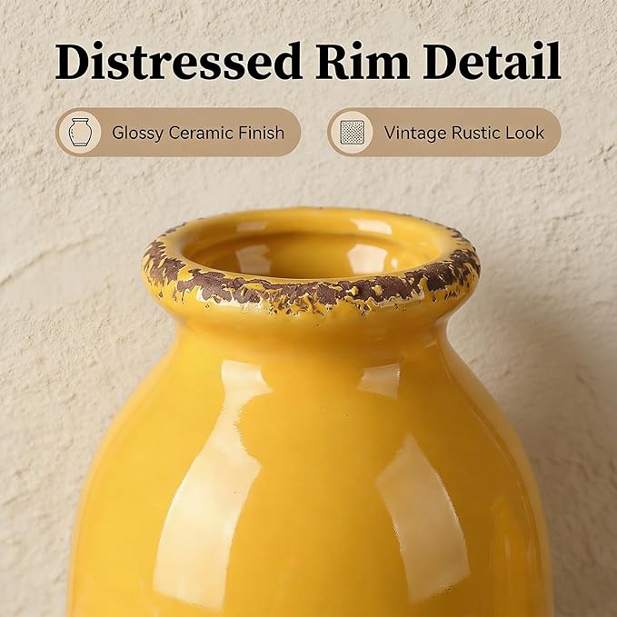 CWLWGO-Ceramic Yellow Vase Set of 3, Decorative Vases for Modern Farmhouse Decoration, Living Room Accents & Dining Table Centerpieces, Idea Bookshelf Mantel and Entrance Decor.