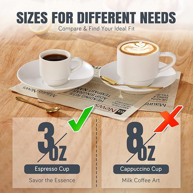 Lareina 3-Ounce Espresso Cups with Saucers, Spoons and Metal Stand, Small Stackable Coffee Cups Set of 4, Ceramic Demitasse Mugs, White