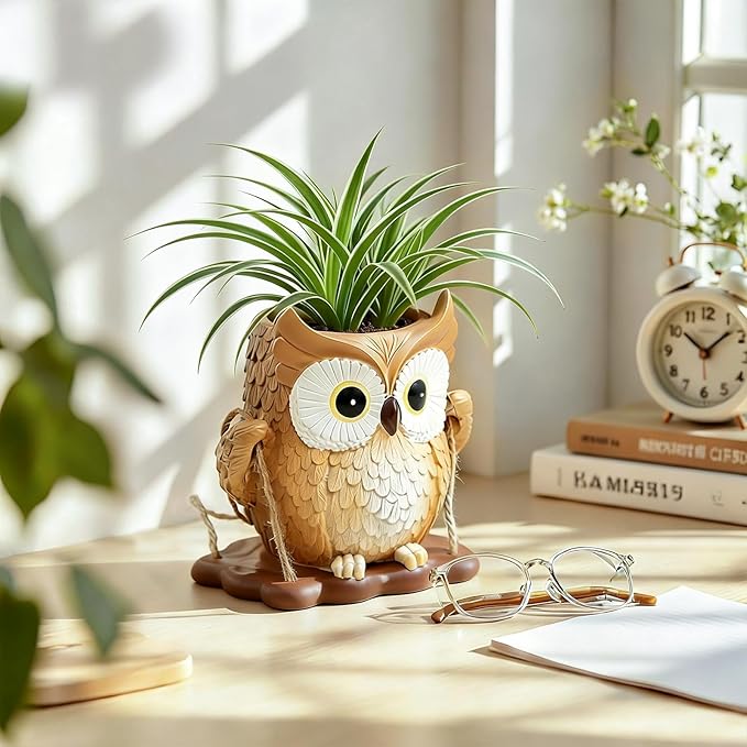 QCQHDU Swing Owl Hanging Pots with Drainage Hole, Small Resin Succulent Plant Planters, Cute Indoor/Outdoor Decor for Balcony Garden Patio, Women Gift Idea, Khaki