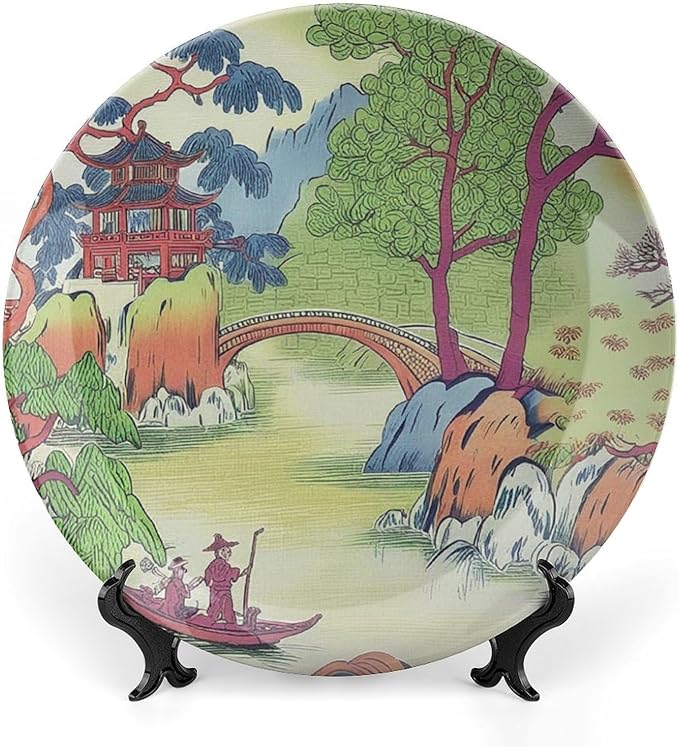 Chinoiserie Toile Ceramic Decorative Plate, Custom Green And White Chinoiserie Pagoda Toile Asian Ceramic Dinner Plates, Household Decorations Festival, Including Bracket And Special Hook