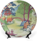 Chinoiserie Toile Ceramic Decorative Plate, Custom Green And White Chinoiserie Pagoda Toile Asian Ceramic Dinner Plates, Household Decorations Festival, Including Bracket And Special Hook