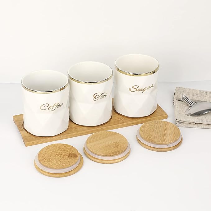 JUXYES Set of 3 Ceramic Canisters Set for Sugar Coffee Tea, Luxurious Storage Containers Set with Lids Decorative Storage Pots White Ceramic Storage Jar for Kitchen Counter Dining Room