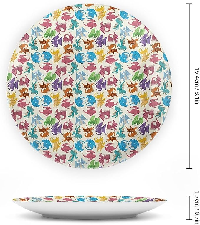 XISUNYA 7 Inch Decorative Plate, Dragon Ceramic Craft, Cartoon Children Animal Pattern Colorful Dragons Print Ceramic Wall Hanging for Home & Office Wall Hanging Decor