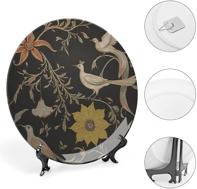 Decorative Plate Flowers And Birds Personalized Decor for Office Kitchen Home Club Wall Decorative Plate with Vertical Stand, Multi Sizes by Choosing, Gifts for Men Women