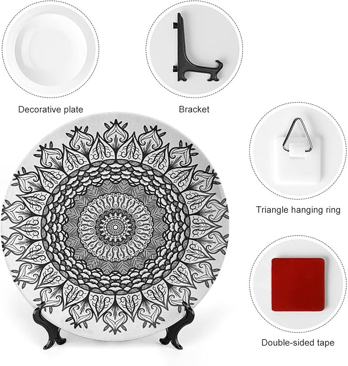 XISUNYA 6 Inch Decorative Plate, Lotus Ceramic Stoneware, Arabesque Mandala Flower Boho Pattern Print Ornament Display Plate Decor Accessory for Dining, Parties, Wedding, Black White