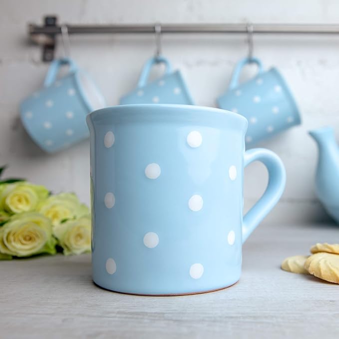 City to Cottage Handmade Light Sky Blue and White Polka Dot Ceramic Extra Large 17.5oz/500ml | Hot Chocolate, Coffee, Tea Mug, Cup with Handle Unique Designer Pottery Gift for Tea Lovers