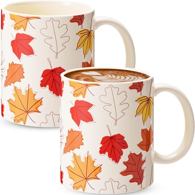 Sliner 11 oz Fall Ceramic Coffee Mugs Set of 2 Maple Leaf Thanksgiving Cup Gifts Festive Tea Cup Autumn Holiday Birthday Gifts for Men Women
