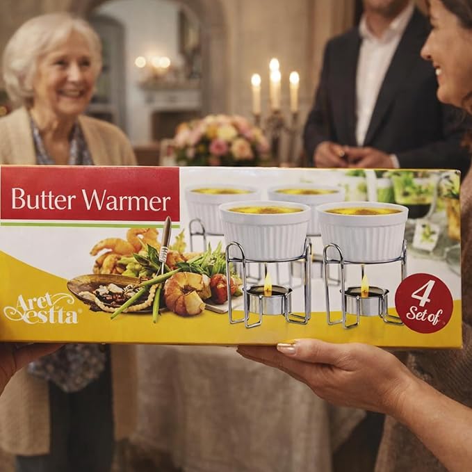 Artestia Butter Warmers Set, 4-Piece Ceramic Butter Warmer with Tea Light Candles, Crab Boil Party Supplies - Dishwasher, Microwave, Oven Safe (Black)