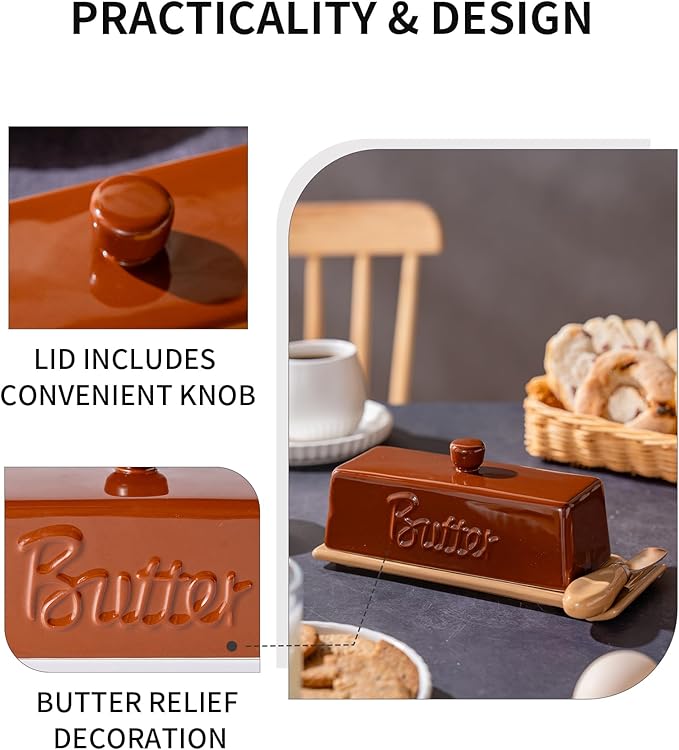 TEATALK Ceramic Butter Dish with Lid and Knife - Large Butter Holder, Farmhouse Style, 8-Inch Porcelain Butter Keeper with Scraper Edge,Brown