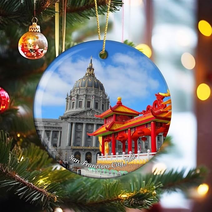 California San Francisco City Hall USA America Christmas Ornaments Ceramic Round Hanging Pendant Xmas Decor City Travel Souvenirs 3" Porcelain Double Sided