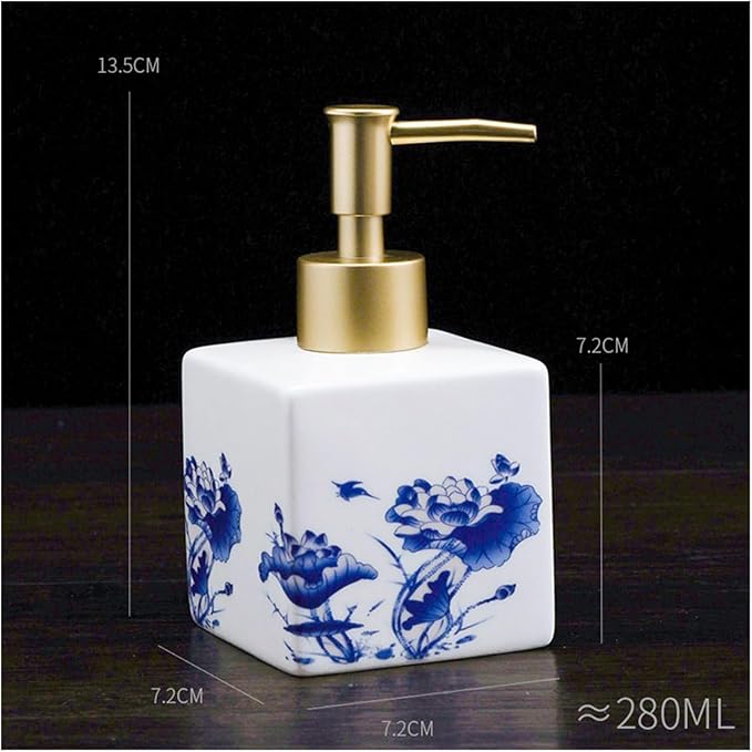 Countertop Soap Dispensers, Refillable Pump Bottle Ceramic Lotion Soap Dispenser with Pump for Bathroom and Kitchen Office, Vintage Blue and White Porcelain Floral Decorative(Gold)