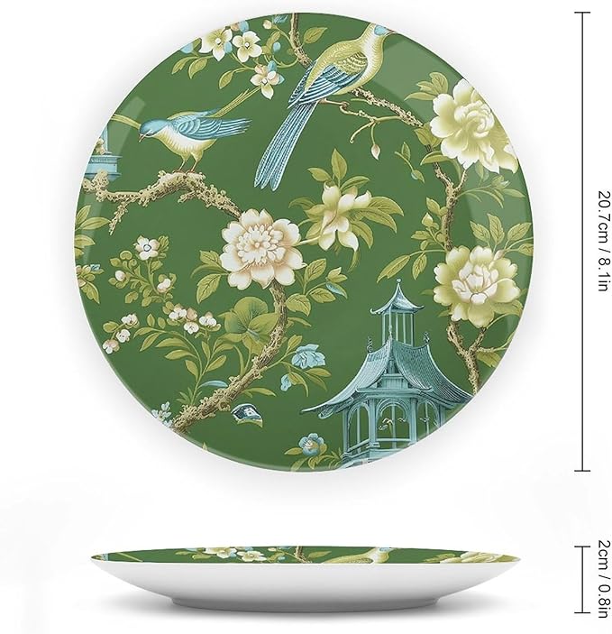 Pagoda Garden Imperial Green Chinoiserie Peacock Vintage Plates, Border in Chinoiserie Style with Herons Peacock Wall Hanging Decorative Plate for Wall Table Decor, Including Bracket Art Decor