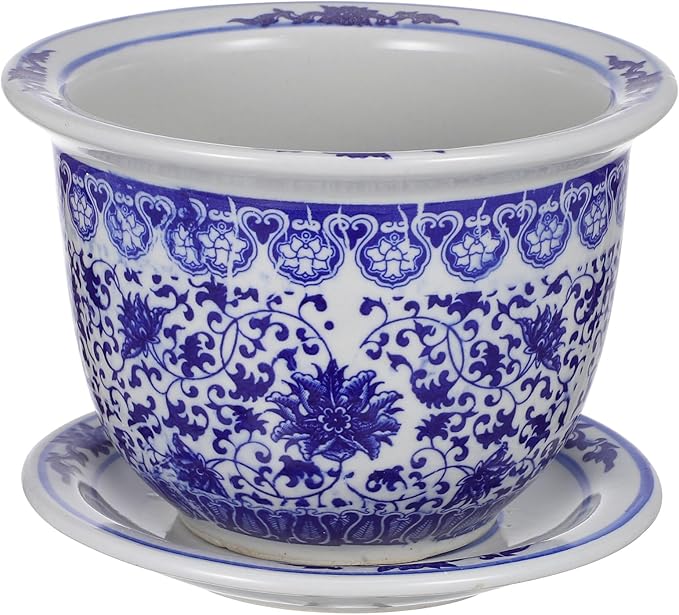 DOITOOL Blue and White Ceramic Planter Pot Chinese Ceramic Flower Pots Oriental Planter Decorative Succulent Plant Pot with Trays for Balcony Yard Home Decoration