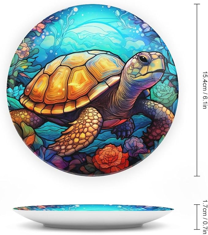 Decorative Plates for Wall Hanging, Ocean Turtle & Flower Stained Glass Design Ceramic Plate w/ Display Stand, Home Decor for Kitchen Cabinets, Farmhouse Round Tray 6 Inch, Gift for Turtle Lovers