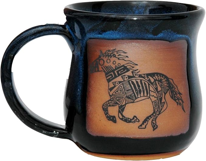 ALWAYS AZUL POTTERY Mug with Southwest Running Horse Design in Garcia Blue - Handmade Ceramic Coffee Mug - Stylish and Unique Handcrafted Artistic Drinkware - Polished Clay Cups,Great for Coffee & Tea