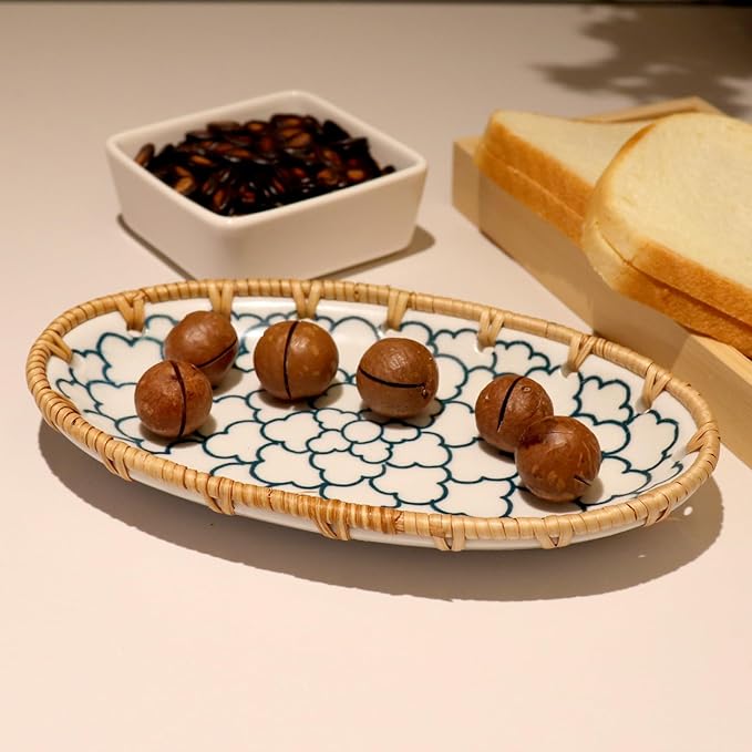 Rattan Ceramic Tray, Oval Fruit/Bread/Cookie/Jewelry Small Storage Porcelain Serving Plate, Vintage Decorative Display Plate for Coffee Table Home Decor Wedding Party Gift (White Cloud)