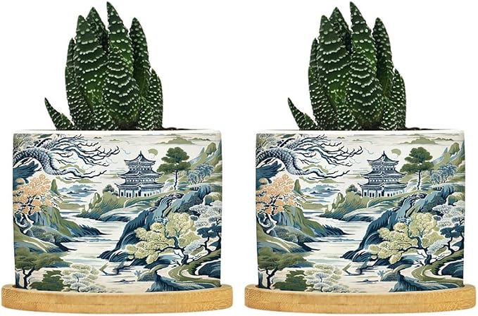 Trend Dragon and Print Planters Ceramic Chinoiserie Asian Inspired Round Flower Pots with Drainage Holes and Bamboo Tray Pot for Home Desktop Office Windowsill