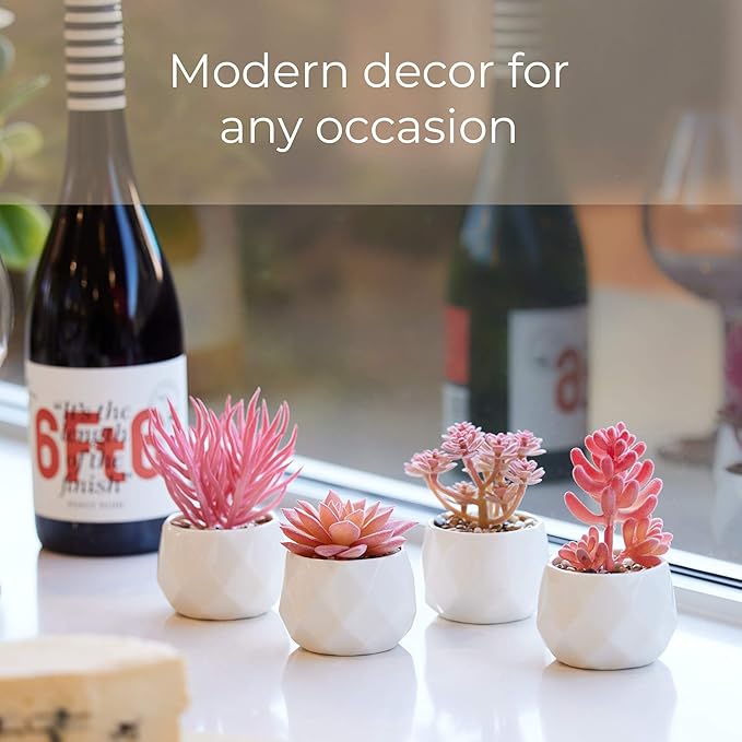 Nordik Set of 4 Desk Plants - Office Decor for Women Desk, Indoor, Living Room, Bedroom, Home and Desk Decor – Pink Faux Succulents in white Geometric Ceramic Planters