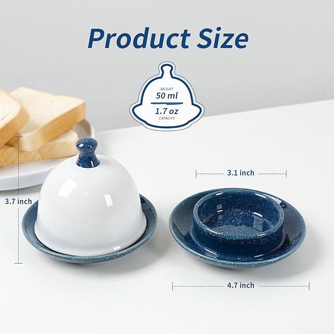 Butter dish, Ceramic Small Butter Dish with Lid, 2026 NEW Original Design Mini Butter Crock Keeper with Handle, 17 OZ Mini Butter Container Cover and Water Sealing 2 Ways Sealing (Blue)