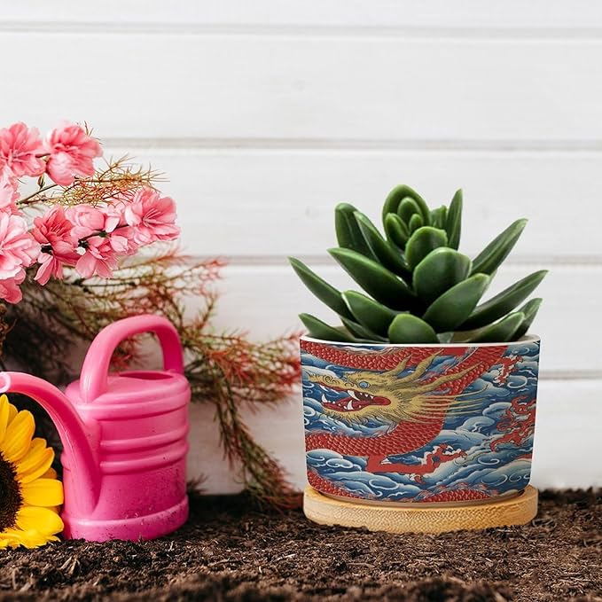 Dragon Chinoiserie Planters Ceramic Asian Inspired Round Plant Pot with Drainage Holes and Bamboo Tray Pot for Outdoor Garden Home Plant