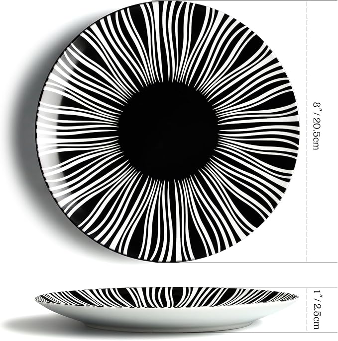 Ceramic Dinner Plates Set of 6-8 Inch Dessert Plates, Black and White Porcelain Dinner Plates Microwave, Oven & Dishwasher Safe, Minimalist Porcelain Dish Set